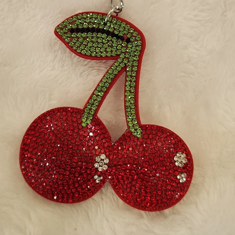 Red Cherry Keychain with Green Leaf Accents Bag Charm